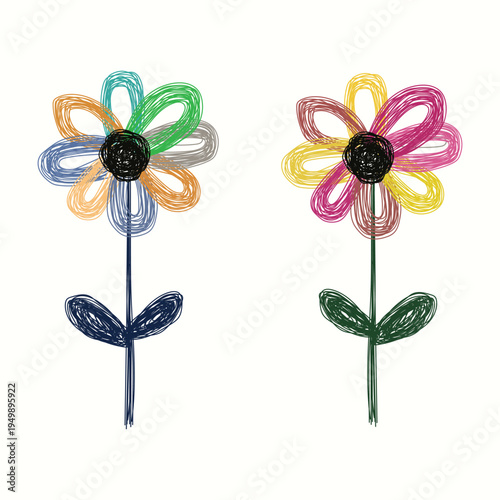 Two colorful metal flowers on stems with leaves against a white background
