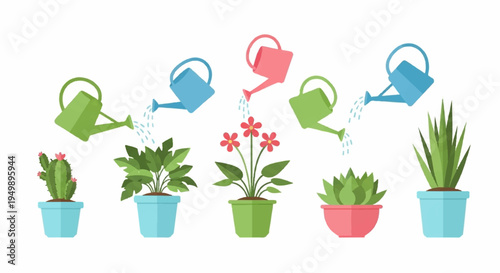 Colorful potted plants with watering cans pouring water gardening concept with vibrant flowers and green succulents in pastel pots on white background