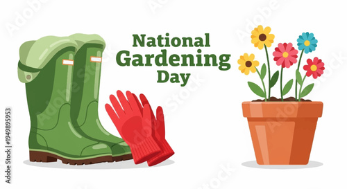 National gardening day illustration with green boots red gloves and potted colorful flowers