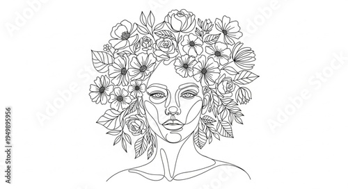Woman with flowers in her hair line art drawing.