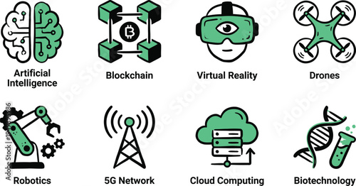 Flat vector icon set for artificial intelligence blockchain and future technologies