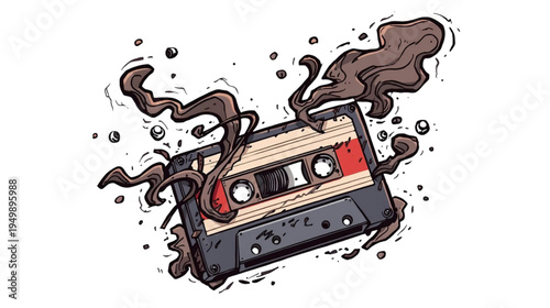 Cassette Tape Illustration with Brown Swirling Smoke Like Elements on a Transparent Background