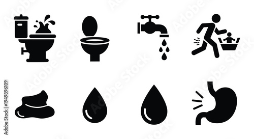 Black silhouette icons depicting bathroom facilities and related bodily functions