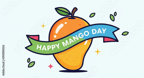 Vibrant orange mango with green leaf and colorful banner celebrating happy mango day on light blue background with confetti