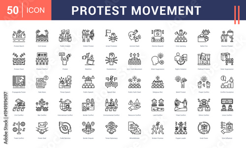 Protest Movement Icon Set. protest march, civil unrest, public dissent, violent protest, arrest protester and more. Line vector icons collection.