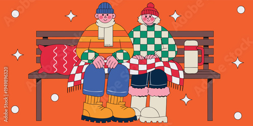 An elderly man and woman wearing winter hats and scarves sit on a park bench next to a thermos and a red pillow.