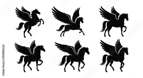 Six silhouettes of pegasus figures in various dynamic poses