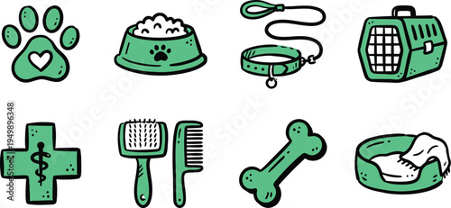 Hand Drawn Pet Care and Veterinary Medicine Equipment Green Icon Set