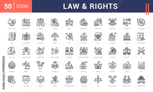 Law & Rights Icon Set. rights violation, political prisoner, civil rights, citizenship, asylum and more. Line vector icons collection.