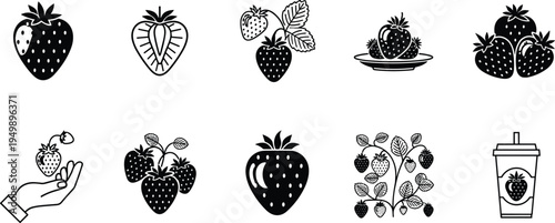 Strawberry icon collection vector set, fresh berry fruit illustrations, strawberry plant, juice cup, hand holding fruit, organic food symbols