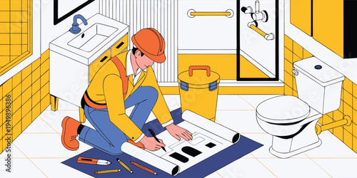 A professional plumber wearing a safety helmet kneels on the floor of a yellow tiled bathroom to mark changes on a large building blueprint.