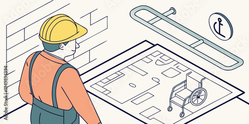 A construction site manager in protective gear examines a technical blueprint featuring a wheelchair accessibility icon for a bathroom renovation project.
