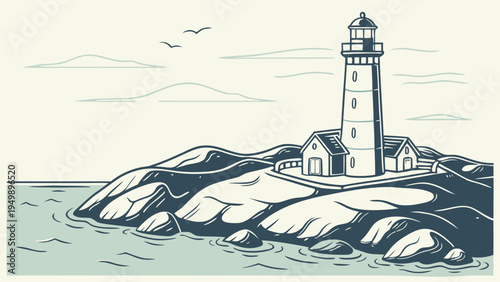 Lighthouse on Rocky Island with Calm Sea Vector