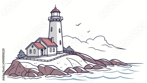 Lighthouse on Rocky Island with Calm Sea Vector