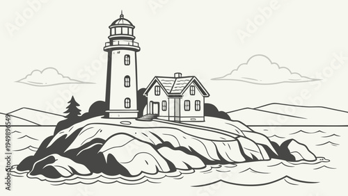 Lighthouse on Rocky Island with Calm Sea Vector