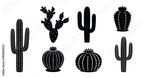 Black silhouettes of various cactus plants arranged on a white background
