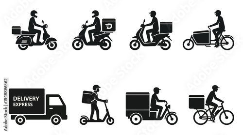 Collection of various courier transport icons including motorbikes, cargo bikes, vans and scooters in black flat silhouettes, symbolizing commercial logistics and express courier services