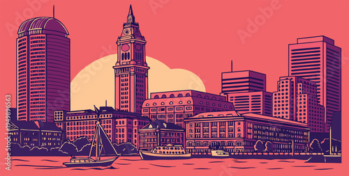 Boston Sunset Skyline Illustration with Colorful Gradient Background