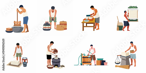 Set of illustrations depicting the traditional manual stages of tofu production, from pressing and molding to cutting and weighing by workers.