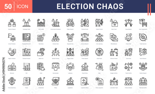 Election Chaos Icon Set. election dispute, campaign clash, civil unrest, government shutdown, public dissent and more. Line vector icons collection.