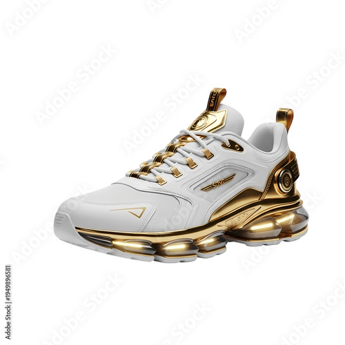 White sneaker with gold accents and isolated on transparent background