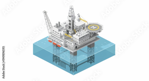 Offshore oil rig platform in ocean.