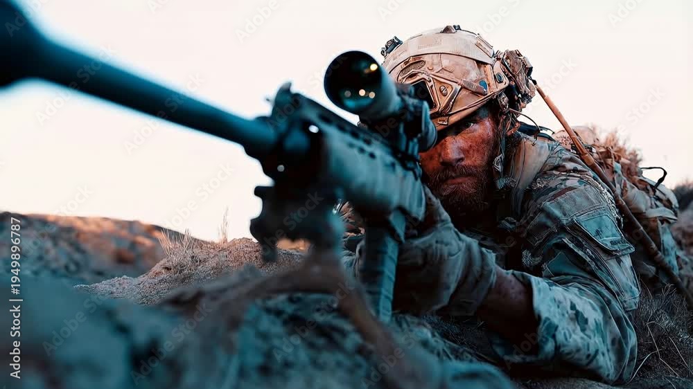Modern sniper aiming precision rifle across rocky terrain with steady ...