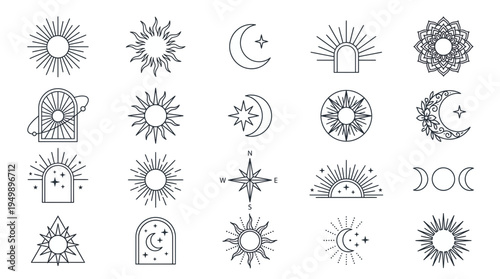 Celestial mystical line art icons featuring various sunbursts, moon phases, stars and geometric arches on white background, symbolizing esoteric branding and spiritual website design