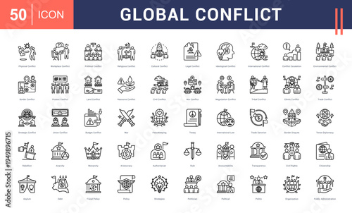 Global Conflict Icon Set. physical, workplace, political, religious, cultural and more. Line vector icons collection.