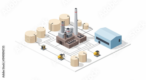 Isometric illustration of industrial factory with production line and warehouse.