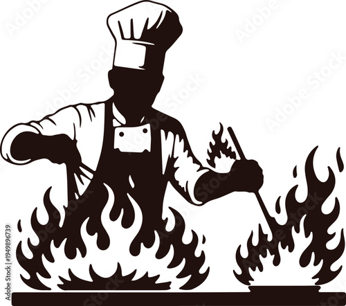 Chef skillfully managing intense flames while cooking with precision and passion