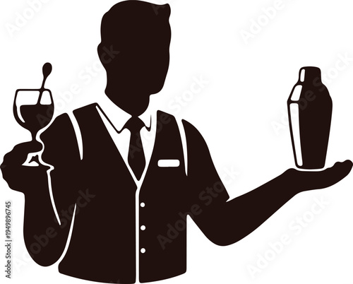 Bartender holding a wine glass and cocktail shaker for drinks preparation