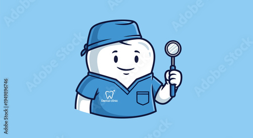 Cute cartoon tooth character dressed as a dentist holding a dental mirror.