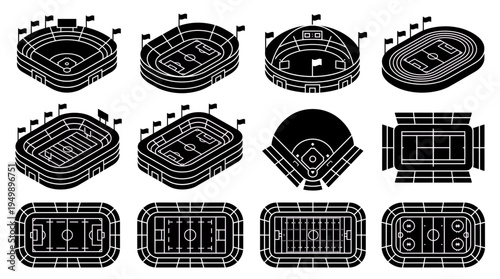 Stadium icons and arena set for various sports like soccer, baseball and tennis in isometric and top-down views, symbolizing architectural design planning, symbolizing sports event branding