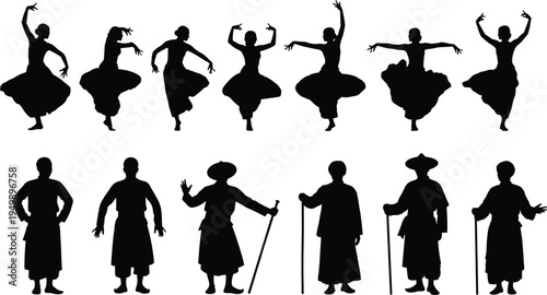 Traditional dancer and asian people silhouettes set, cultural dance performers men women folk costume black vector illustration collection