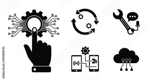 Technology and innovation icons depicting connection maintenance and data