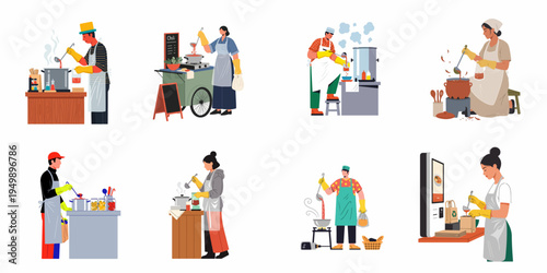 Set of diverse people cooking and serving hot street food and soup in various settings, wearing aprons and gloves, flat vector illustration.