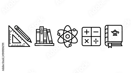 Set of modern black line icons of school supplies including ruler, pencil, books, atom, math symbols and textbook on white background, symbolizing educational curriculum and academic excellence