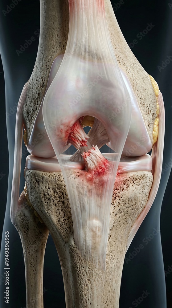 Obraz premium Detailed 3D illustration of human knee joint anatomy showing bones cartilage and ligaments