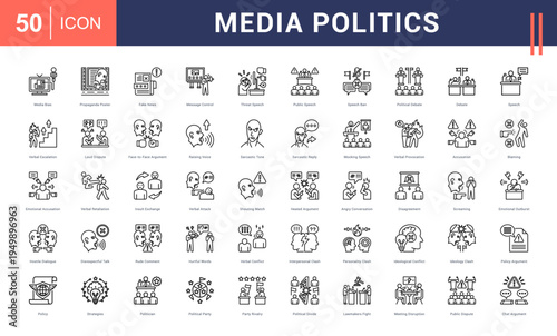 Media Politics Icon Set. media bias, propaganda poster, fake news, message control, threat speech and more. Line vector icons collection.