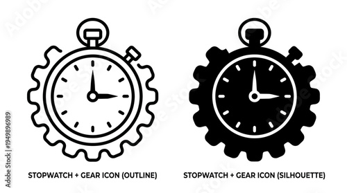Stopwatch and mechanical gear combination in line and silhouette icon style isolated on white background, symbolizing effective time management and industrial engineering productivity