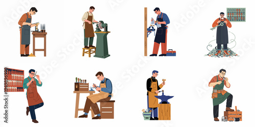 Set of Locksmith Characters Working in Their Workshops, Cutting, Filing, and Duplicating Keys Using Professional Tools and Equipment