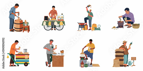 Illustrations of traditional street vendors selling freshly roasted peanuts in paper cones using carts, barrels, and sacks.