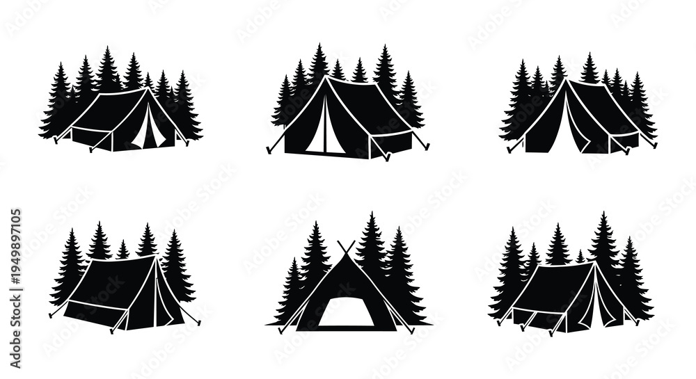 Obraz premium Black and white silhouettes of camping tents amongst pine trees