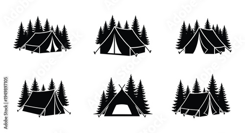 Black and white silhouettes of camping tents amongst pine trees
