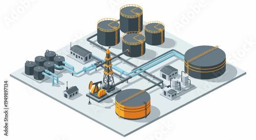 Industrial isometric oil refinery process diagram.