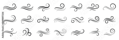 Blowing wind icon collection, black line icons on white background