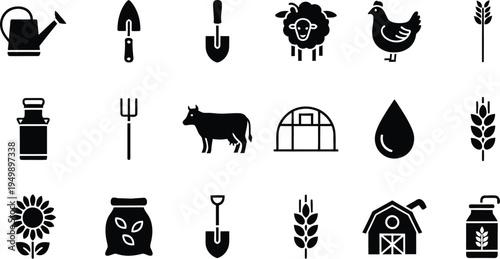 Farming and agriculture icon collection for rural industry and gardening design with watering can