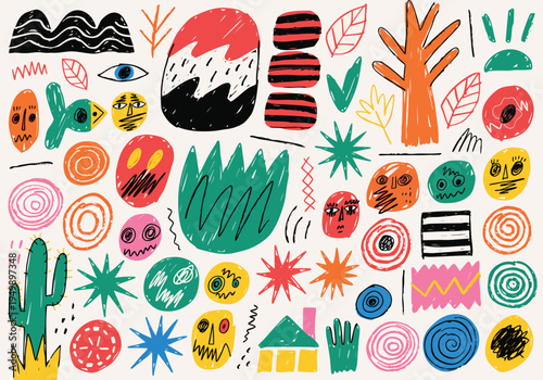 A dense variety of hand-drawn colorful illustrations featuring faces plants and houses with a thick crayon texture are scattered across a light cream background.