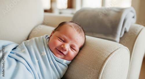 The baby sleeps peacefully, eyes gently closed. His face is relaxed, with a soft, contented smile on it, indicating a deep, happy slumber.